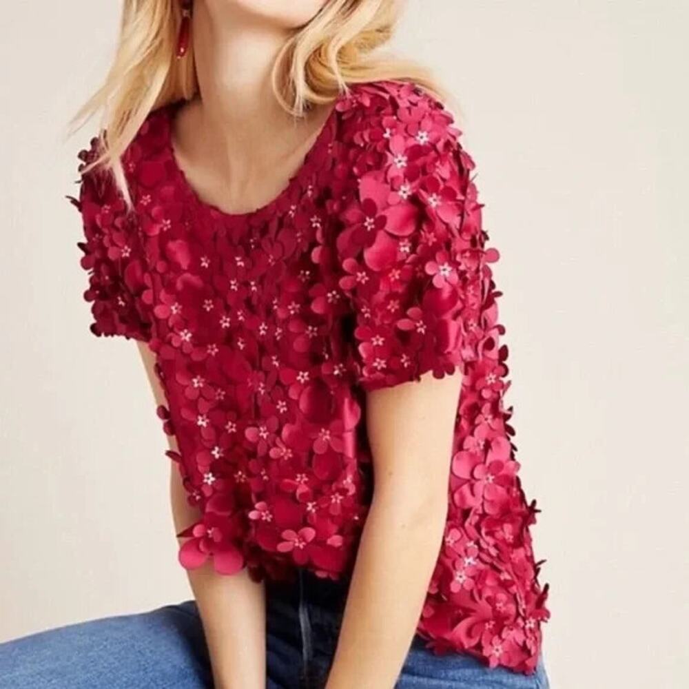 *Flawed Anthropologie Varun Bahl Rosemarie 3D Floral Top Whimsy Raspberry Size 8 - Picture 3 of 16